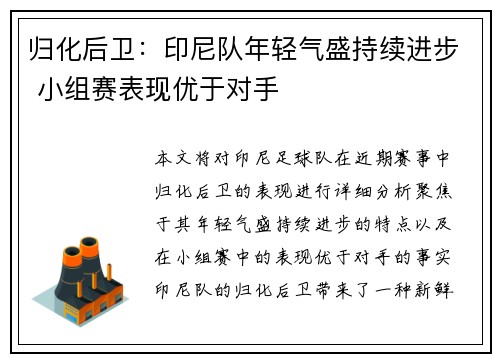 归化后卫：印尼队年轻气盛持续进步 小组赛表现优于对手